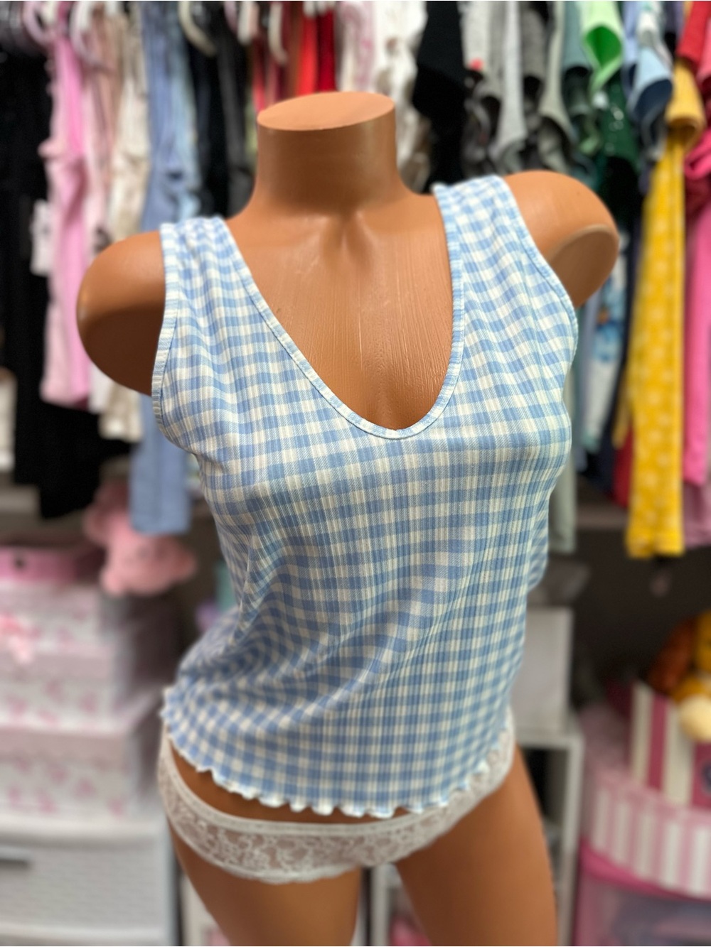 Caution to the Wind Blue & White Gingham Tank Top M